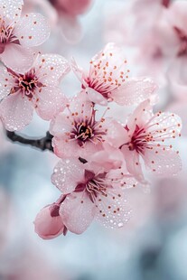 娇艳带露桃花枝头绽放