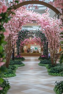 商场内烂漫的粉色花拱景观