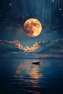 月夜海面孤舟与流星美景