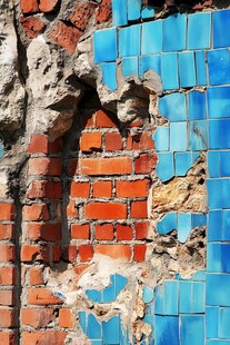 破旧砖墙与蓝色瓷砖对比