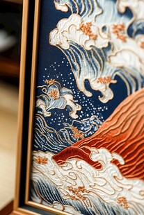 中式刺绣海浪艺术装饰画