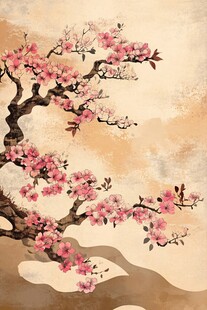 中式水墨风盛开的桃花图