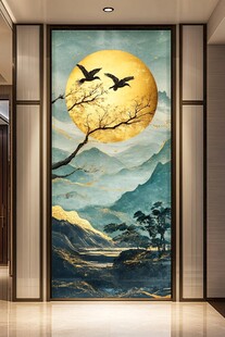 中式玄关山水飞鸟圆月图