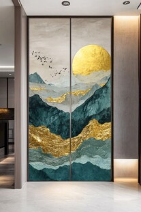 中式山水金月玄关装饰画