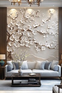 中式客厅的立体花卉背景墙