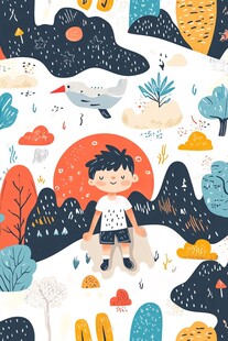 男孩在奇幻自然场景中漫步