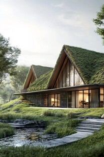 田园风绿色屋顶现代小屋