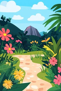 山间繁花小径风景图