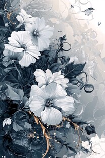 蓝白色调花卉梦幻插画