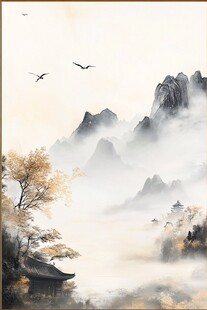 秋山雾霭飞鸟图