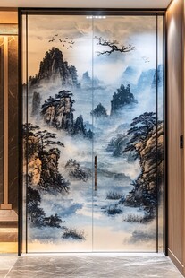 中式山水艺术玻璃双开门