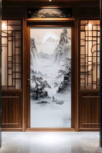 中式山水屏风玄关美景