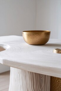 金色陶碗置于原木风桌子