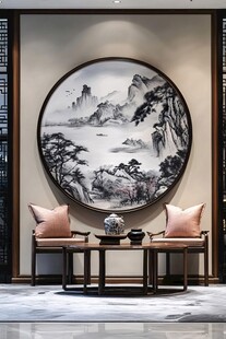 中式客厅山水挂画与雅座