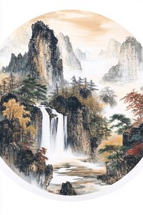 水墨山水间 瀑布山林画卷