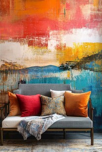 多彩艺术墙前的舒适沙发