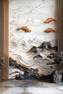 中式山水锦鲤浮雕装饰墙