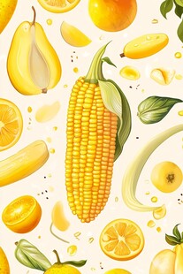 缤纷水果与玉米的清新插画