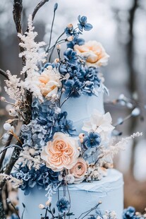 蓝调花卉双层唯美婚礼蛋糕