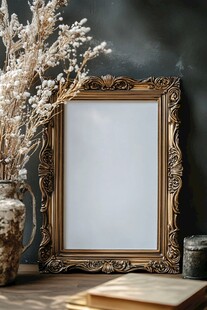 复古相框与干花静物摆拍