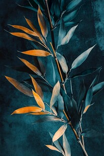 蓝绿背景下的多彩竹叶