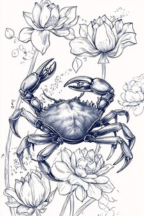蟹戏荷花图