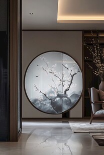 中式禅意客厅圆形窗景