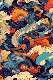 日式海浪花卉传统纹样