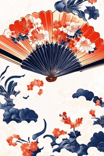 中式折扇花卉图案插画