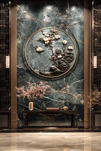 中式玄关景 玉石花鸟装饰