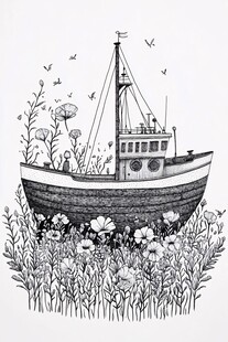 梦幻渔船于花草间静泊