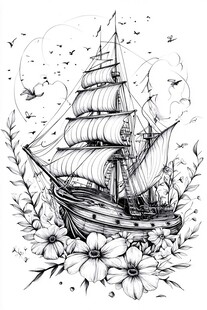 帆船绽于繁花飞鸟之间