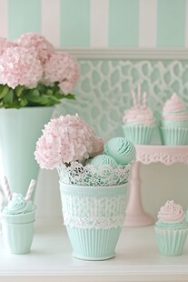 清新粉绿系甜品花卉摆件