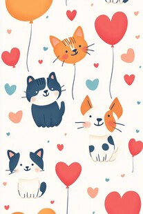 可爱猫咪与爱心气球图案