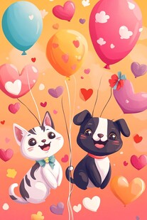 可爱猫狗与爱心气球插画