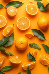 橙色背景上的鲜橙与绿叶