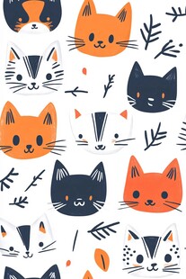 可爱猫咪与枝叶图案集合