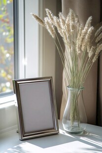 窗边相框与芦苇花瓶摆件