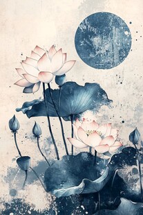 水墨荷花映月图
