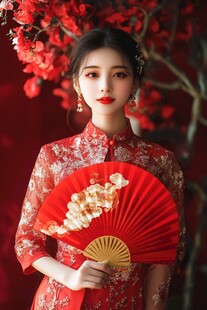 红衣佳人持扇展东方韵味