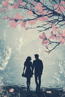 樱花树下的浪漫情侣漫步