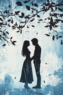 雨中恋人剪影浪漫瞬间