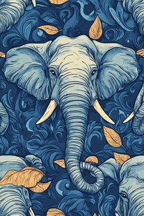 蓝色大象与叶的梦幻图案