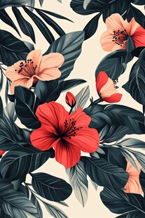 热带花卉图案 红花绿叶之美