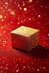 金盒闪耀于红色梦幻背景