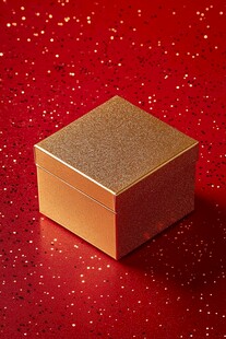 金色礼盒置于璀璨红背景