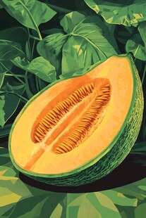 切开的甜瓜与繁茂绿叶