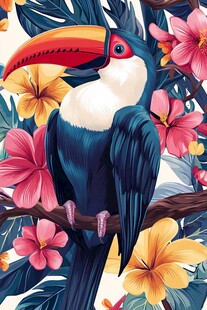 巨嘴鸟栖于繁花树枝间