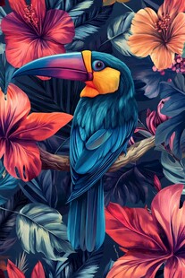 巨嘴鸟栖于繁花绿叶间