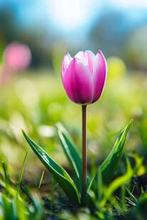 独株粉郁金香绽于绿野